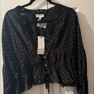 Black V-Neck Crop Blouse with White Dots